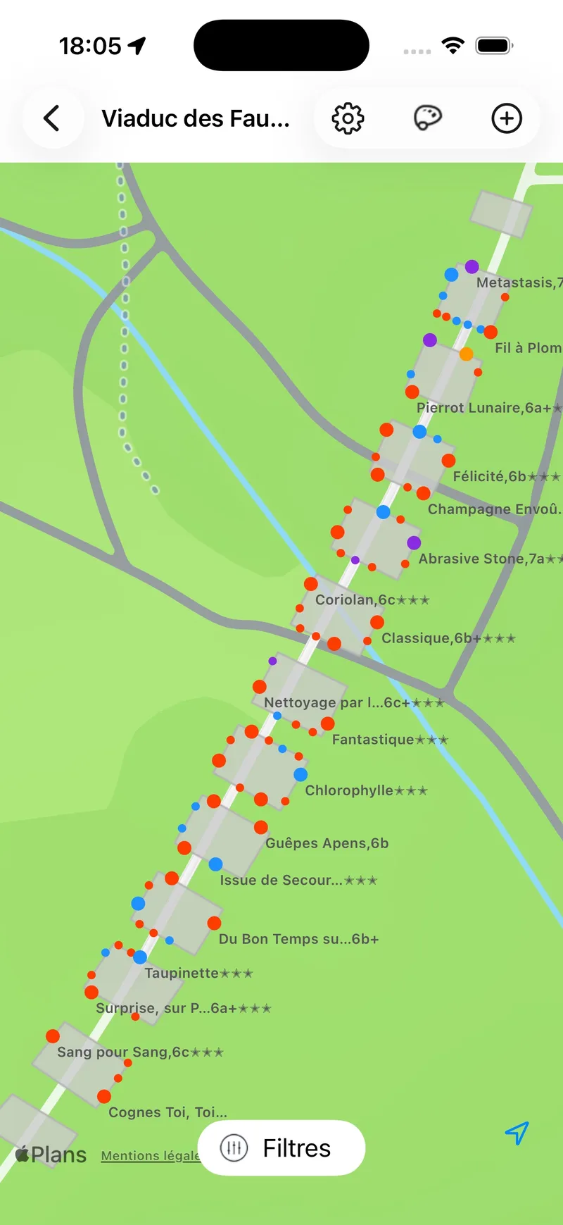 Carte générale du Viaduc des Fauvettes dans l’application Topo Bleau